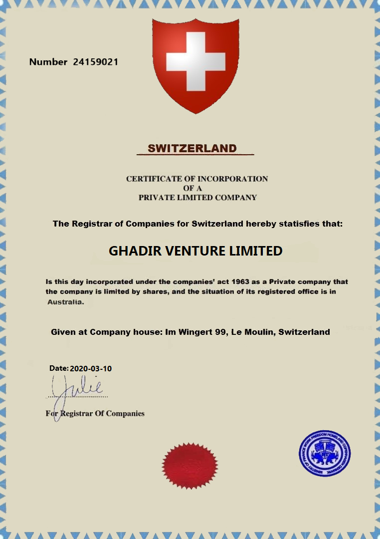 Ghadir Venture Limited  certificate